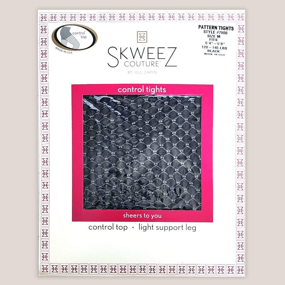 NEW Skweez Couture by Jill Zarin Control Top Black Pattern Tights - Vintage 7800